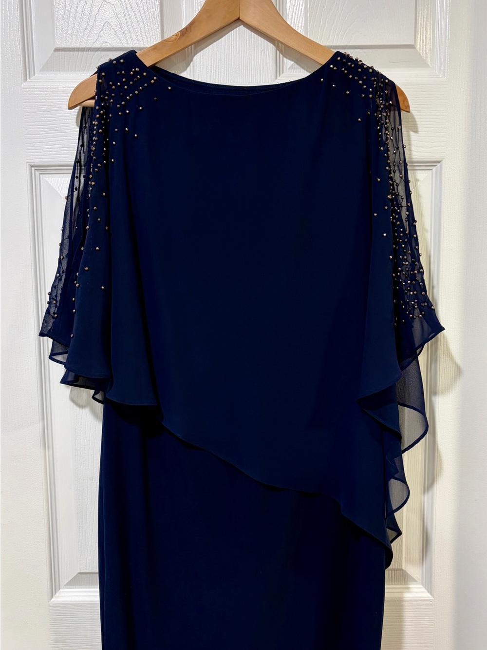 Navy Beaded Cape Sleeve Evening Dress